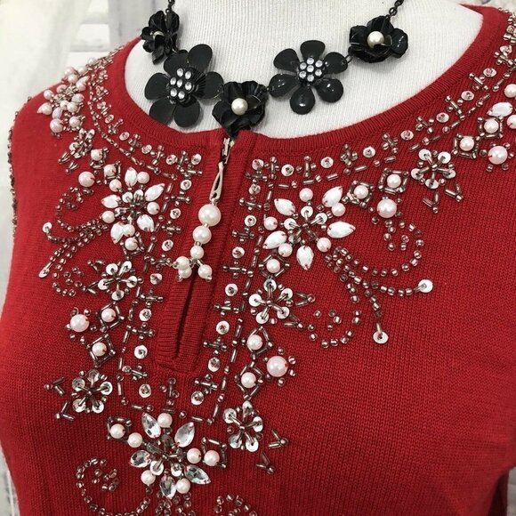 Quacker Factory Small Red Pearls Sweater Sequin Zip Embellished Long Sleeve - Picture 3 of 9